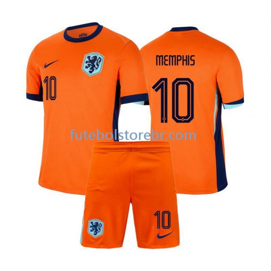 Camisa Países Baixos Memphis Depay 10 I Euro 2024 manga curta pro Juvenil