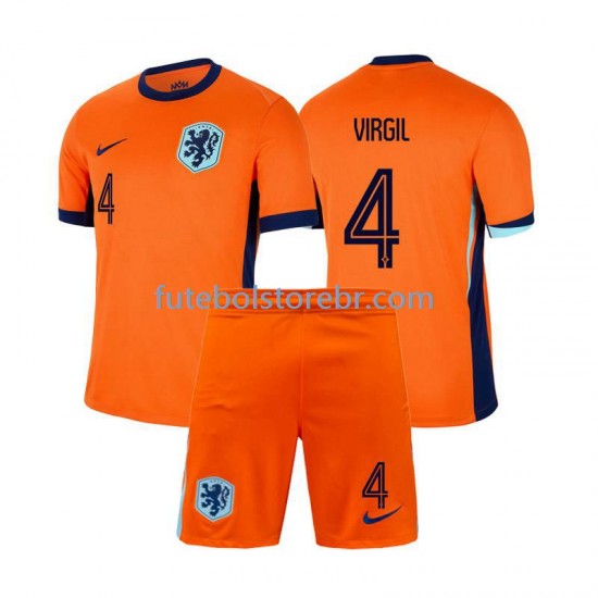 Camisa Países Baixos Virgil van Dijk 4 I Euro 2024 manga curta pro Juvenil