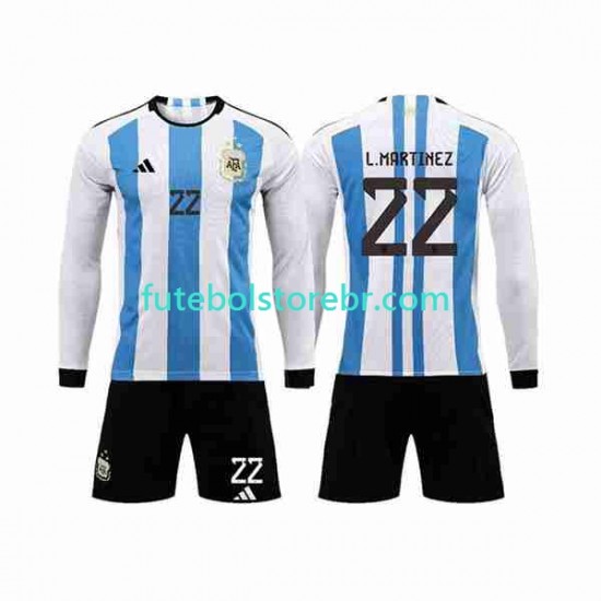 Camisa Argentina 3 Stars Lautaro Martinez 22 I Copa Do Mundo 2022 manga longa pro Juvenil