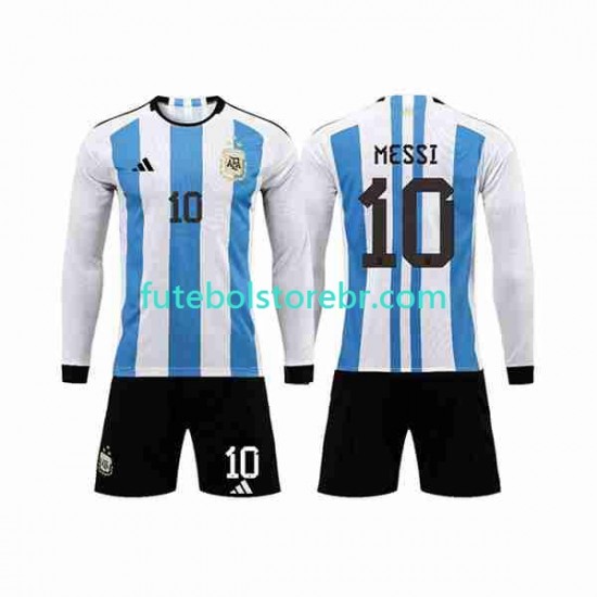 Camisa Argentina 3 Stars Lionel Messi 10 I Copa Do Mundo 2022 manga longa pro Juvenil