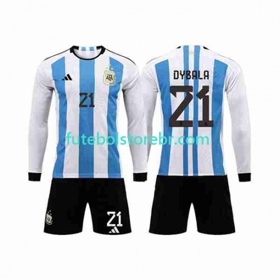 Camisa Argentina 3 Stars Paulo Dybala 21 I Copa Do Mundo 2022 manga longa pro Juvenil