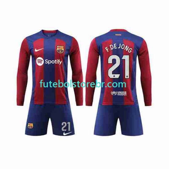 Camisa FC Barcelona Frenkie de Jong 21 I 2023-2024 manga longa pro Juvenil