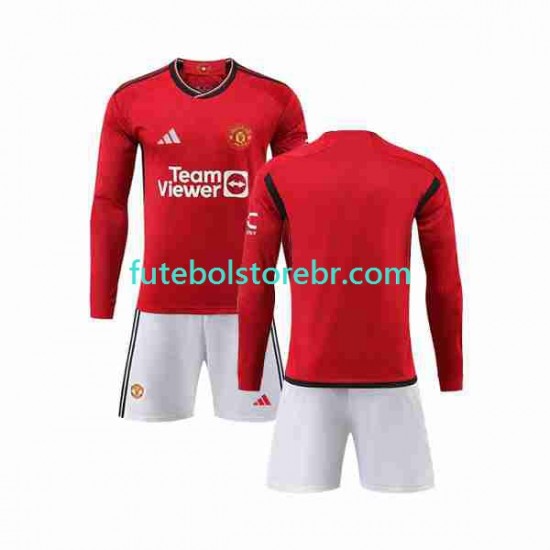 Camisa Manchester United I 2023-2024 manga longa pro Juvenil