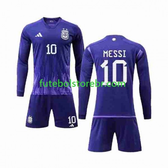 Camisa Argentina 3 Stars Lionel Messi 10 II Copa Do Mundo 2022 manga longa pro Juvenil