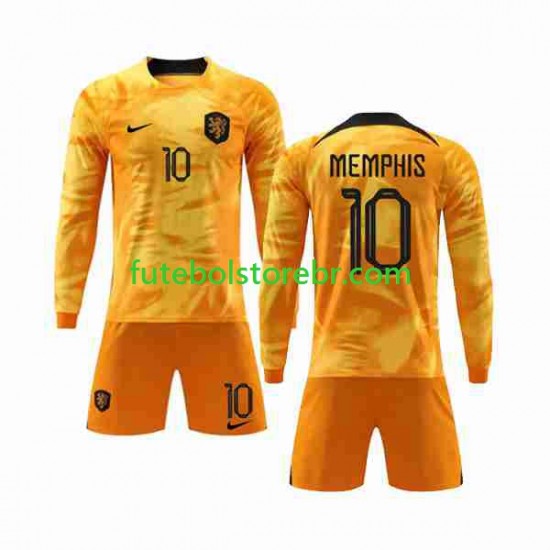 Camisa Países Baixos Memphis 10 I Copa Do Mundo 2022 manga longa pro Juvenil