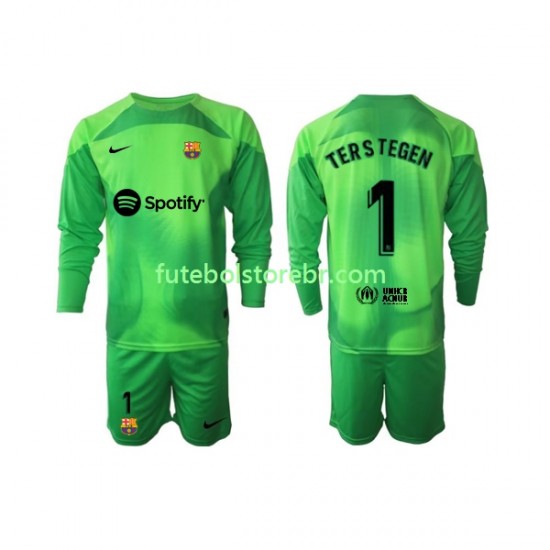 Camisa Goleiro FC Barcelona Ter Stegen 1 I 2022-2023 manga longa pro Juvenil